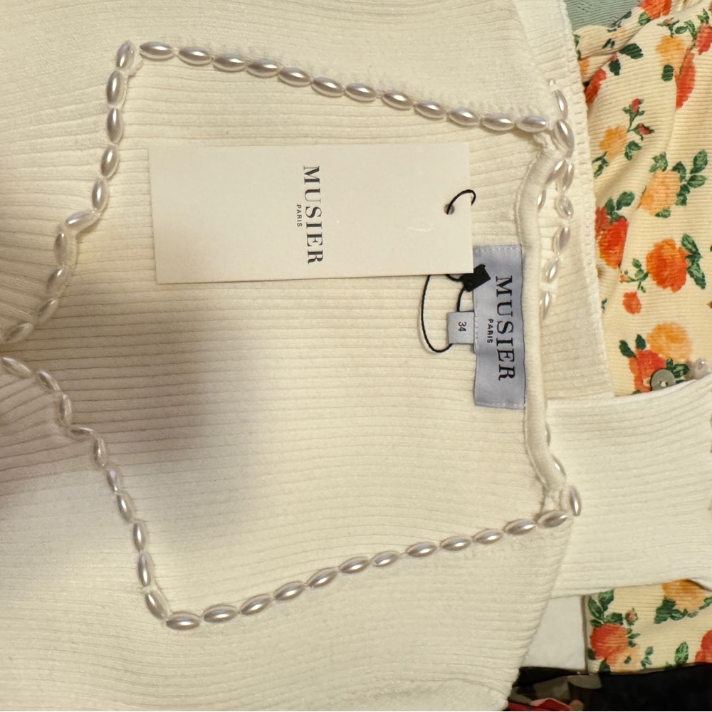 MUSIER Paris Pearl-Trim White Ribbed Top, XS - Picture 2 of 3